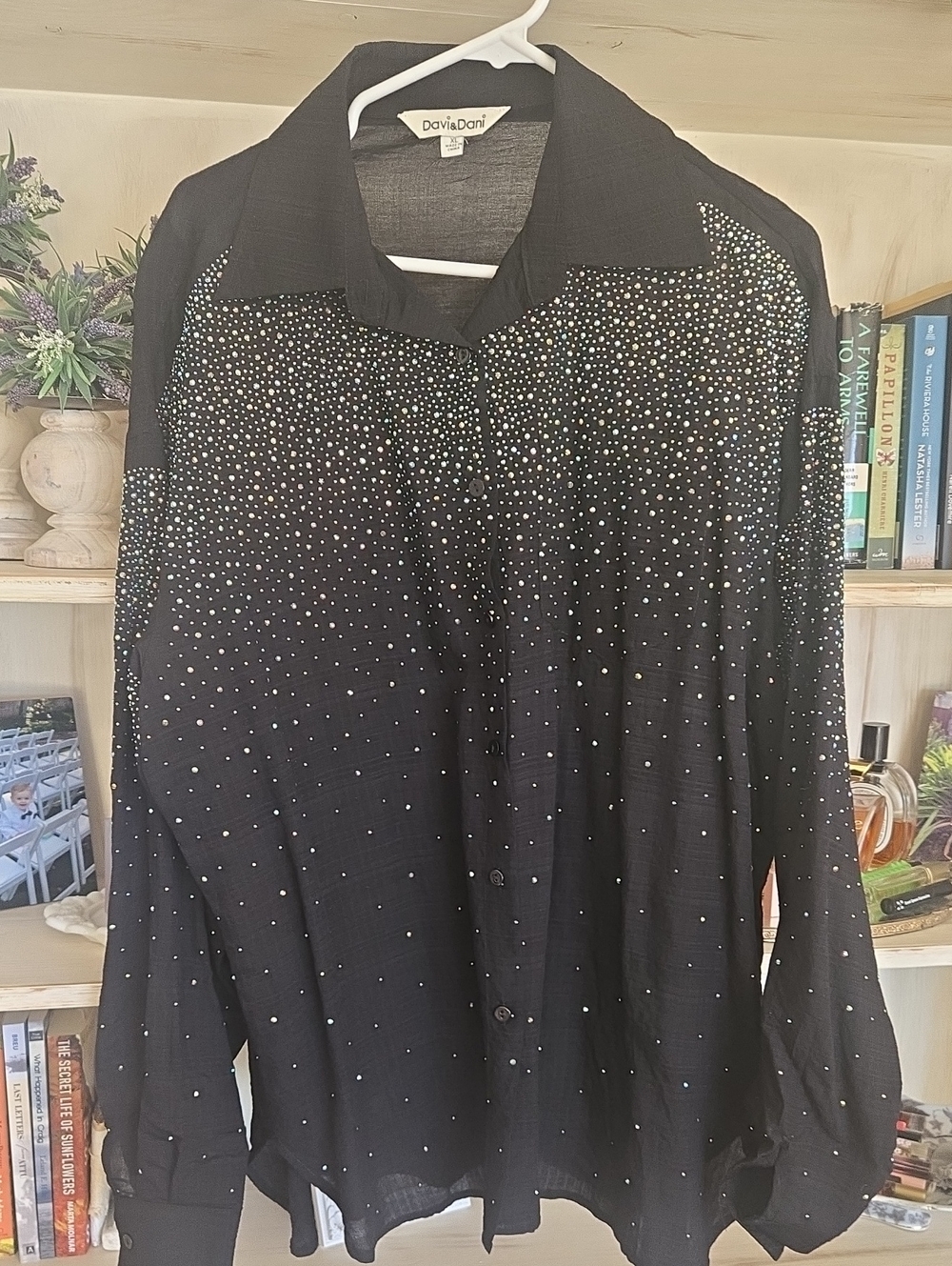DAVI & DANI Black Crystal-Embellished Button-Down Shirt
